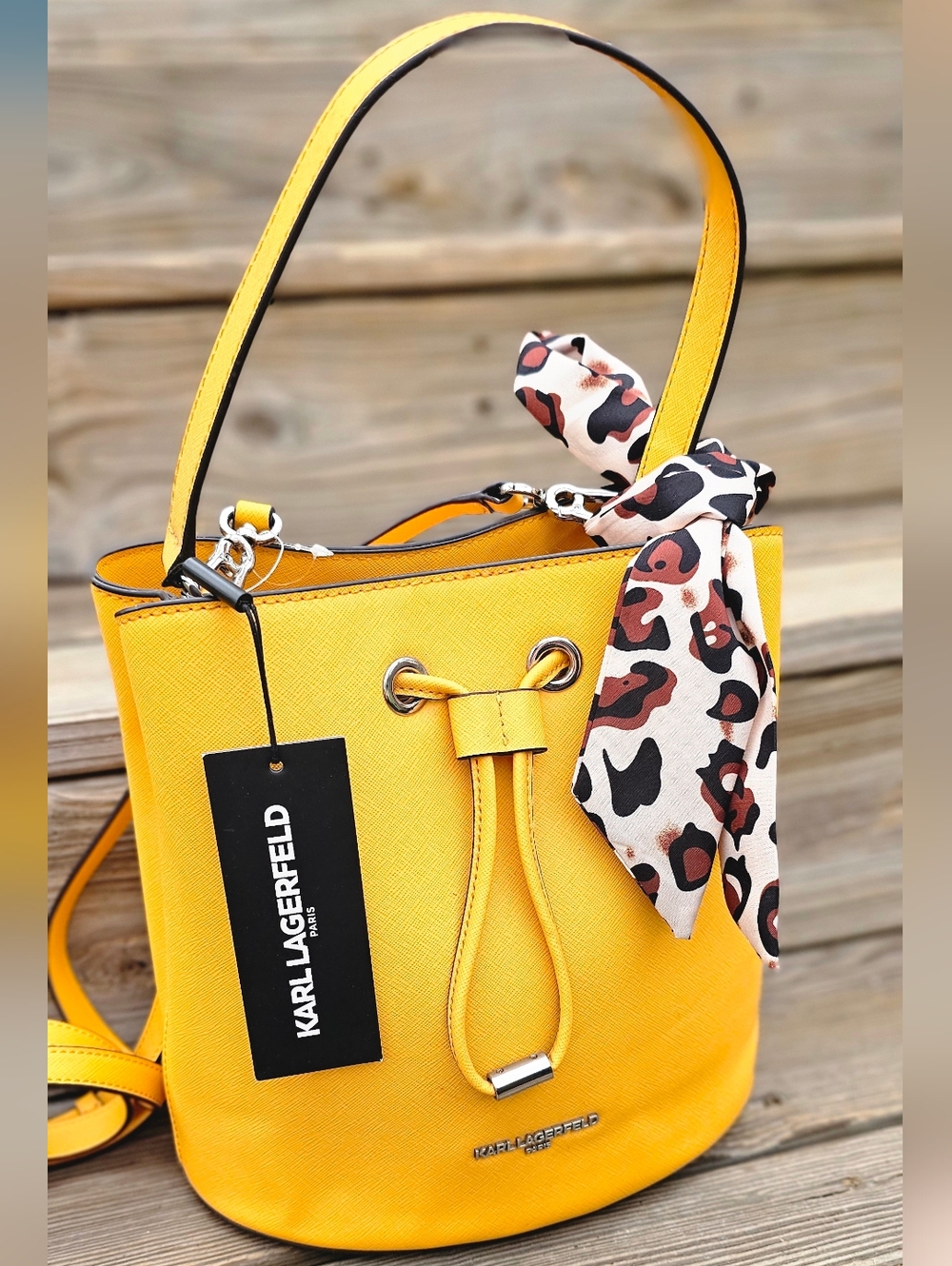 Karl Lagerfeld Paris Adele Drawstring Bucket bag w/ Leopard scarf - Picture 2 of 7